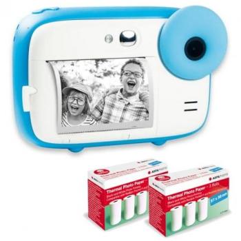 Agfa Photo Pack Realikids Instant CAM Azul - Cámara instantánea infantil, pantalla LCD de 2,4 pulgadas, batería de litio, espejo selfie, incluye 6 rollos extra de papel térmico ATP3WH