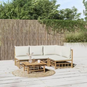 5-Piece Bamboo Garden Lounge Set with Cream White Cushions