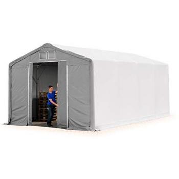 Carpa industrial Toolport 6x8 m con altura lateral de 3 m, puerta corrediza, fabricada en lona PVC 850 N, 100% impermeable y color gris