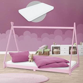 Cama Tipi para Niños de Madera de Pino Rosa con Colchón y Somier 90x200 cm ML-Design