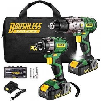 Taladro Atornillador 18V, POPOMAN Taladro Percutor Brushless set, Taladro Inalámbrico 60Nm, Atornillador Batería 220 Nm, 3 Velocidades, 2 Baterías de 2.0 Ah, Cargador rápido, 35PCS Accesorios-MTD680B