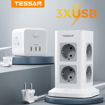 Regleta de alimentación TESSAN con conexión a tierra, enchufes EU, puertos USB tipo C y protección contra sobrecarga, cable de extensión para hogar y oficina