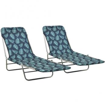 vidaXL Folding Sun Loungers 2 pcs Steel and Fabric Leaf Pattern