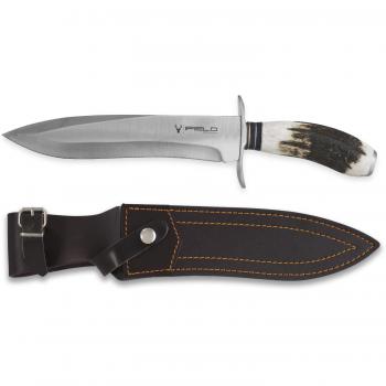 iFIELD Cuchillo de Caza Deportivo Camper EL29012, Mango asta de Ciervo, Total 37 cms, Hoja de 23,5 cms, Incluye Funda de Piel marrón, Herramienta de Camping para Pesca, Caza, Actividad Deportiva