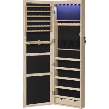 Espejo joyero de pared con luces LED, armario organizador de joyas con cierre, espacio para pendientes y collares, disponible en blanco, negro o roble