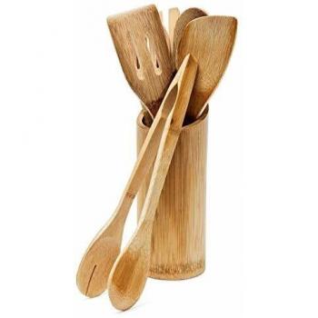 Juego de Utensilios de Cocina en Bambú 7 Piezas con Soporte, 30 cm, Cuchara, Espátula, Tenedor y Pinzas para Ensalada, Color Natural