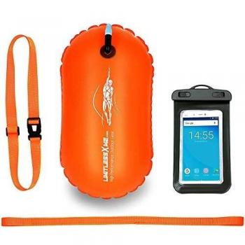 LimitlessXme Boya De Natación Naranja con Funda para Móvil. Visibilidad y Seguridad al Nadar en el mar y en el Lago. Swim Buoy Inflable para Aguas Abiertas…