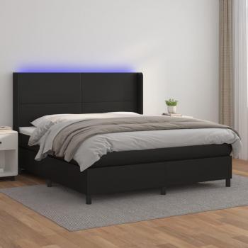 Cama box spring con colchón y LED en cuero sintético negro 180x200 cm
