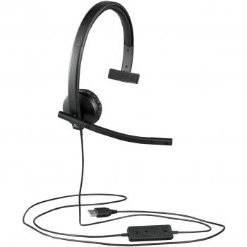 Logitech H570e Auriculares con Cable, Auricular Mono con Micrófono con Supresión de Ruido, USB, Controles Integrados con Botón de Silencio, Indicador Led, PC/Mac/Portátil, Negro