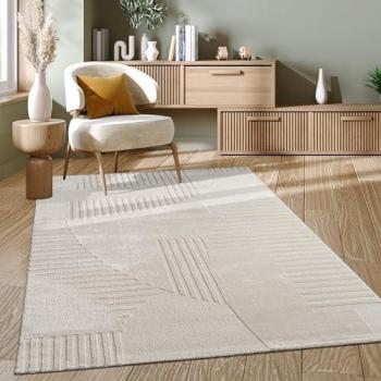 Alfombra Comedor Pelo Alto Suave Lavable Moderna 120x170 cm, Color: Crema, Diseño: Geométrico Boho Chic