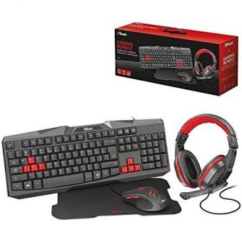 Trust Ziva - Conjunto de Accesorios Gaming con Teclado, Auriculares, Ratón Óptico y Alfombrilla, Negro