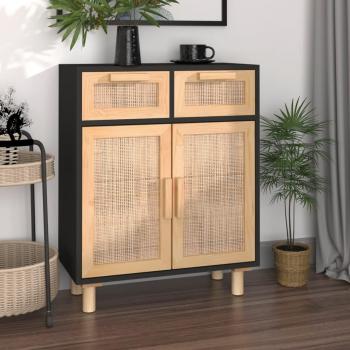 Aparador de madera de pino maciza y ratán natural 60x30x75 cm, mueble de almacenaje para salón, buffet, armario auxiliar y armario de almacenamiento en color negro
