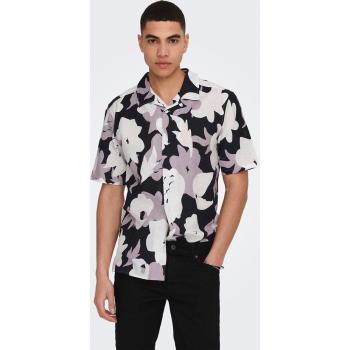 ONLY & SONS - Men's Purple Floral Short Sleeve Linen Shirt, Size L