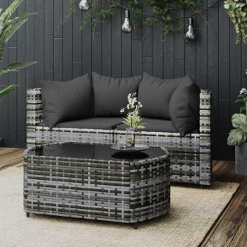 Set de muebles de jardín 3 piezas con cojines de Polyrattan gris