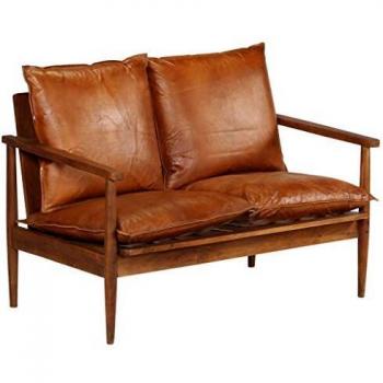 Brown Real Leather 2-Seater Sofa with Acacia Wood