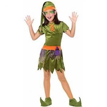 Disfraz de Duende Infantil para Niña - Verde y Naranja - 7 a 9 Años (5 Pcs)