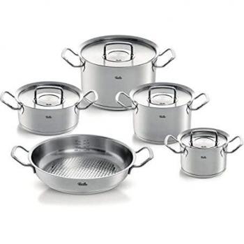 Fissler Original-Profi Collection Juego de ollas de acero inoxidable, 5 piezas, 3 ollas y 1 cacerola con tapa de metal, 1 sartén de servir, inducción