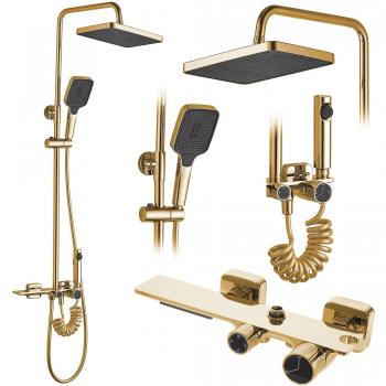 Set de ducha Rea Helix Gold - Conjunto de ducha en acabado dorado, incluye grifo termostático, rociador de techo, barra deslizante y manguera flexible