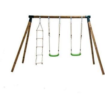 MASGAMES | Columpio de Madera KIBO Deluxe | Dos Asientos Planos de plástico de Cuerdas Regulables + una Escalera de Cuerdas | Madera tratada | Anclajes incluidos | Uso doméstico |