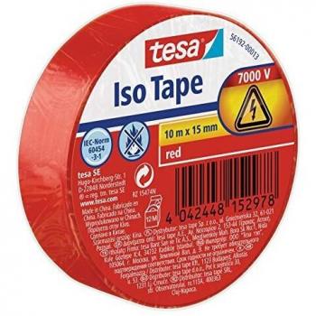 tesa 56192-00013-02 Cinta Aislante en PVC 10m x 15mm, Rojo