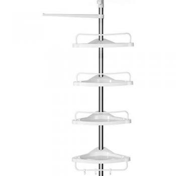 Columna de Ducha Telescópica Ajustable con Estante de Baño, 95-300 cm, 4 Bandejas, 3 Ganchos y Toallero, Acero Inoxidable, Blanco y Plateado