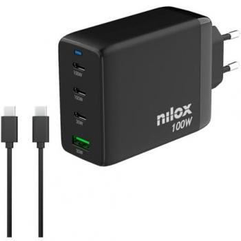 Cargador de Pared Nilox Gan 100W con 4 Puertos USB-C y USB-A, Protección contra Cortocircuitos y Sobretensiones, Negro