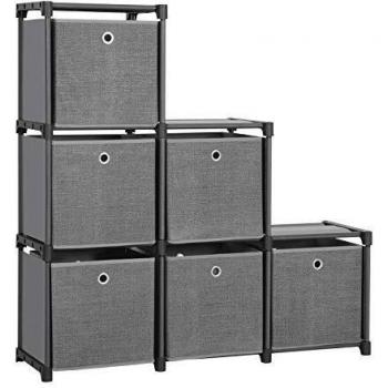 Estantería Modular de 6 Cubos con Cajas de Tela, Estructura Metálica, Multifuncional, 105 x 30 x 105 cm, Color Negro