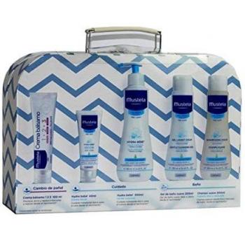 Mustela Mi Maletita Azul - Set de 5 productos para el cuidado del bebé, incluye gel limpiador suave, crema hidratante, leche corporal, crema para el cambio de pañal y agua limpiadora. Ideal para la higiene y cuidado