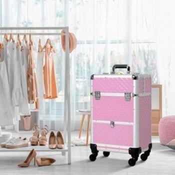 HOMCOM Maleta de Maquillaje Profesional con Cajón, Maletín de Maquillaje con Ruedas para Viaje y Trabajo, Dimensiones 34x25x62 cm, Color Rosa
