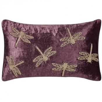 Cojín Decorativo de Terciopelo Violeta 30 x 50 cm con Motivo de Libélula, Estilo Moderno Glamour