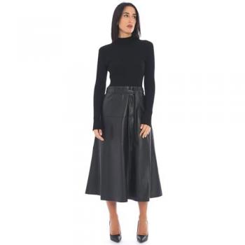 Black Twinset Midi Dress with Ribbed Detailing and Eco-Leather Skirt, Size S