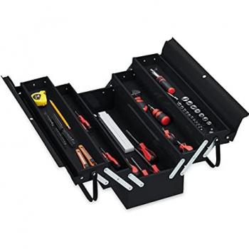 Caja Herramientas Vacía Relaxdays, 5 Compartimentos, Maletín Organizador para Tornillos y Brocas, Metal, 21x53x20 cm, Negro