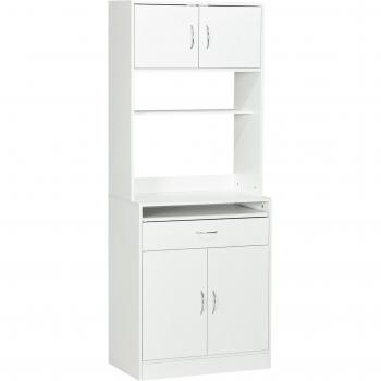 HOMCOM Alacena de Cocina con 4 Puertas, Bandeja Extraíble, Estante Ajustable, Cajón y Encimera de Microondas Abierta