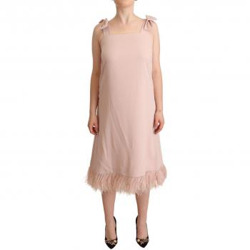P.A.R.O.S.H. Pink Polyester Sleeveless Midi Feather Shift Dress - IT42|M, Size: S, Elegant Sleeveless Midi Dress with Feather Trim