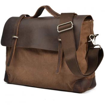 Messenger Bolso Vintage Canvas para Hombres y Mujeres de Cuero Reales 15MacBook Pro/Laptop de 14 maletín Bolsa de Hombro para Business Work School College el Uso Diario