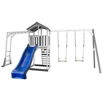 Torre de Juegos AXI Beach Tower de Madera con Klettergerüst, Doble Balanza y Tobogán Azul - Gris y Blanco