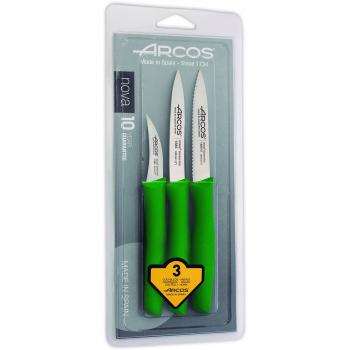Arcos Serie Nova, Set 3 pzas. Cuchillos Mondadores, Hoja de Acero Inoxidable de 60 mm y 100 mm y 100 mm, Mango de Polipropileno Color Verde