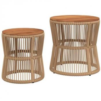 Mesas auxiliares de jardín 2 piezas superficie de madera ratán beige