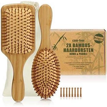com-four® Set de 2 cepillos Naturales para el Cabello Hechos de bambú - Cepillo de Paleta con cerdas Naturales - 100% Vegano