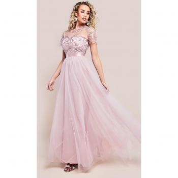 Goddiva Embroidered Mesh Maxi Dress - Blush