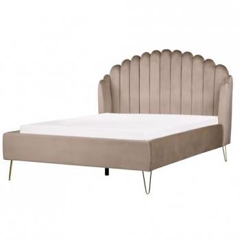 Cama Matrimonial de Terciopelo Taupe 140 x 200 cm con Cabecero en Forma de Concha y Patas de Metal Diseño Retro