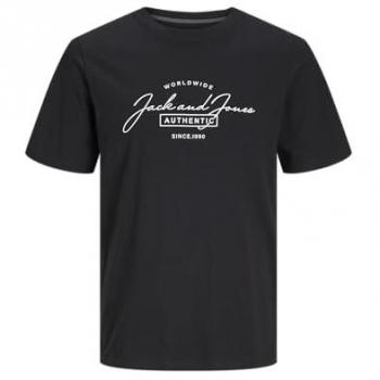 Camiseta manga corta Jack & Jones Ferris Logo Grande para hombre, color negro, con cuello redondo y print frontal, suave y perfecta para el uso diario