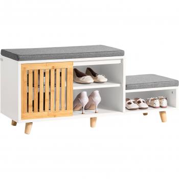 Banco Zapatero SoBuy FSR125-WN con 2 Estantes y 1 Puerta Corredera, Diseño de Madera Natural, Banco de 2 Niveles, Cojín Acolchado de Asiento, Dimensiones: