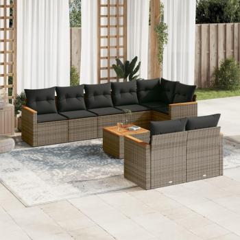 9-Piece Grey Poly Rattan Garden Sofa Set with Cushions
