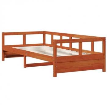 Sofá cama sin colchón de madera maciza de pino en color marrón cera, dimensiones 90x200 cm