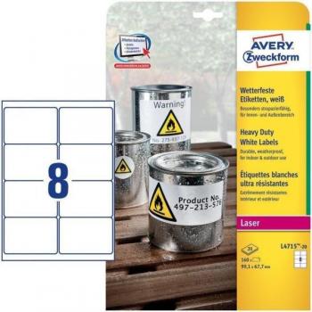 Etiquetas Permanentes de Poliéster Avery 99,1x67,7 mm Blancas para Impresoras Láser - Pack de 160 Unidades (20 Hojas) L4715-20