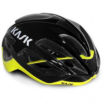 Casco Kask Protone negro amarillo fluo con diseño aerodinámico, sistema de ajuste Octofit, ventilación optimizada, peso ligero y alta visibilidad