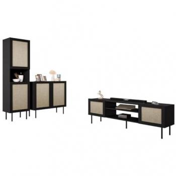 Conjunto de salón Charlotte R105, mesa de TV, partes separadas, aglomerado laminado y MDF, 190 x 40 cm, con patas de metal negro