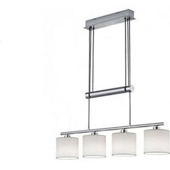 Lámpara Colgante Garda Níquel Mate con 4 Pantallas de Tela Blanca, Dimensiones: 77x150x13 cm, E14