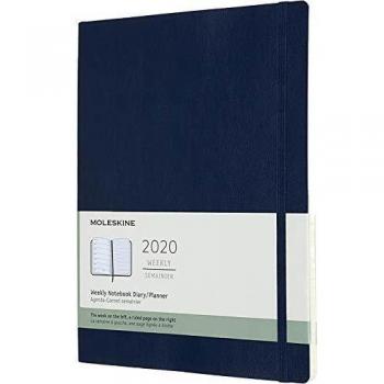 Moleskine - Agenda Semanal de 12 Meses 2020, Tapa Blanda y Goma Elástica, Color Azul Zafiro, Tamaño Extra Grande 19 x 25 cm, 144 Páginas